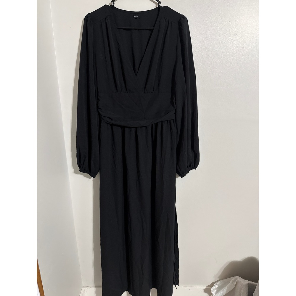 Black Surplice V-Neck Maxi Dress Long Bishop Sleeve Smocked Waist sz L